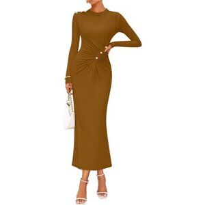 Womens Long Sleeve Midi Dress Camel Brown